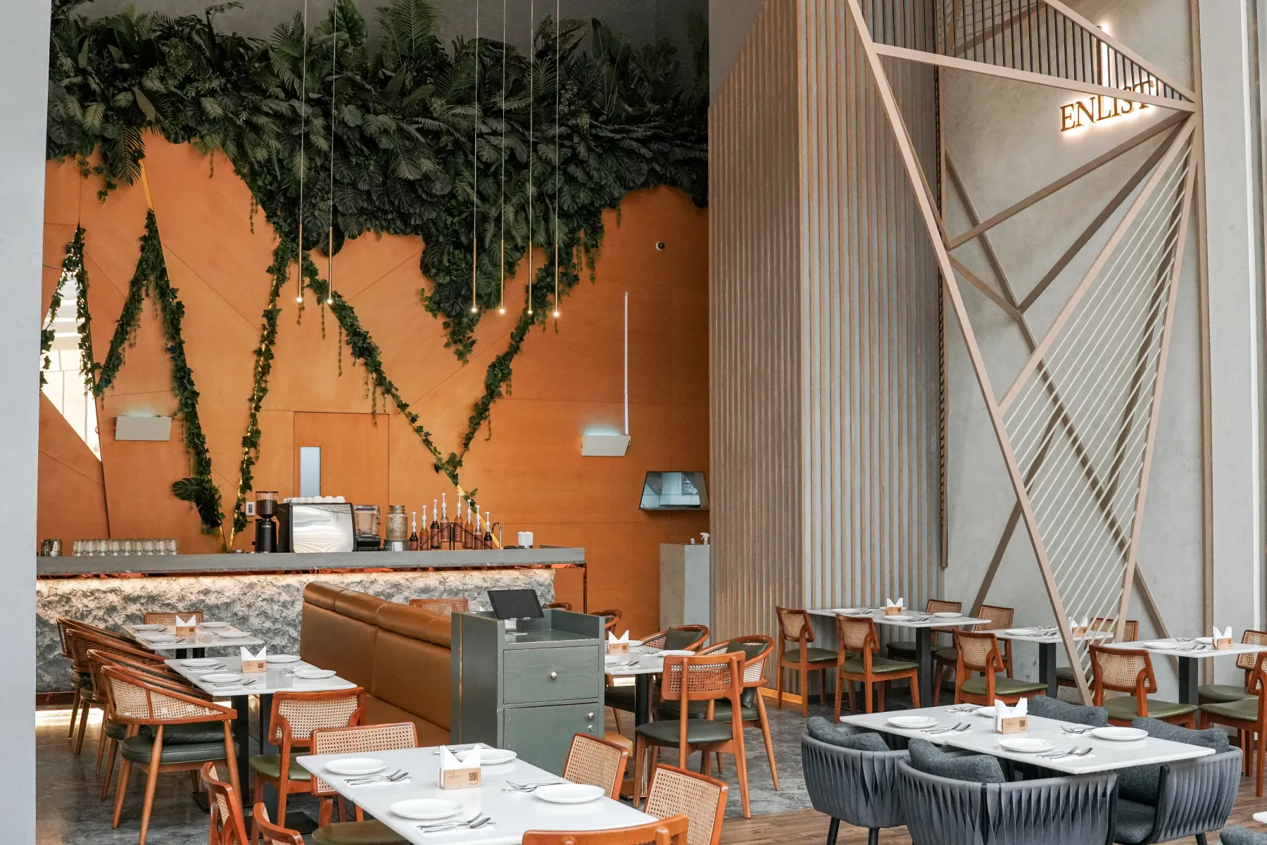 Enlist dining room with greenery